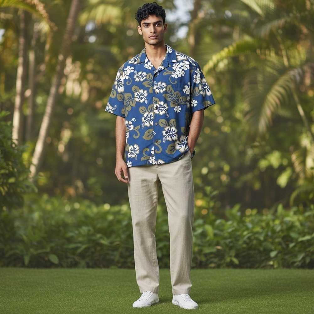 Hilo Hattie Hawaiian Shirt Large Blue Hibiscus Floral Short Sleeve Camp Collar